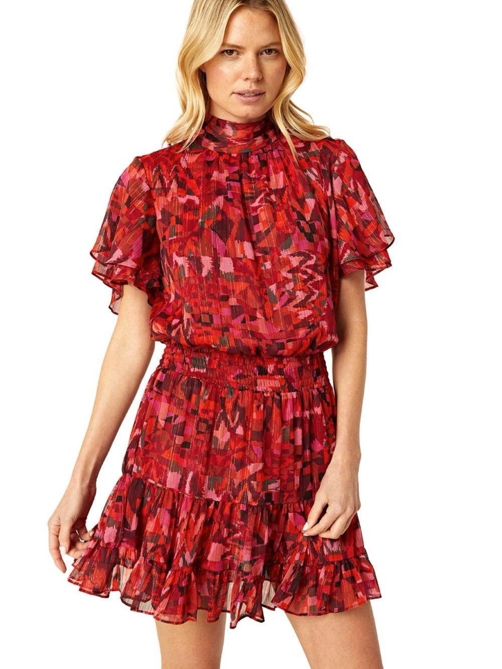 MISA Los Angeles Saffie Red Printed Short-Sleeve Smocked Waist Dress